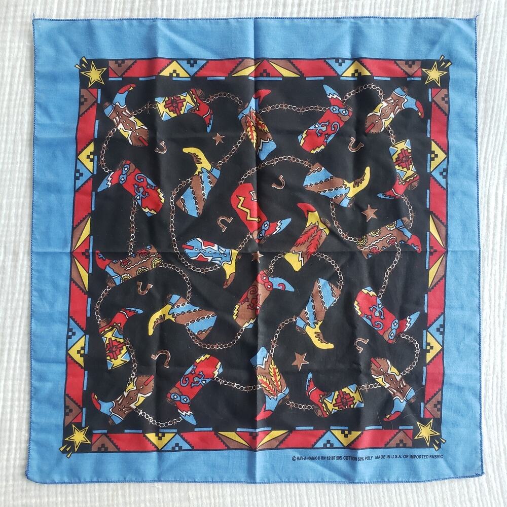 Vtg 80s Bandana Cowboy Boots Western American Blue Red Yellow Western Square